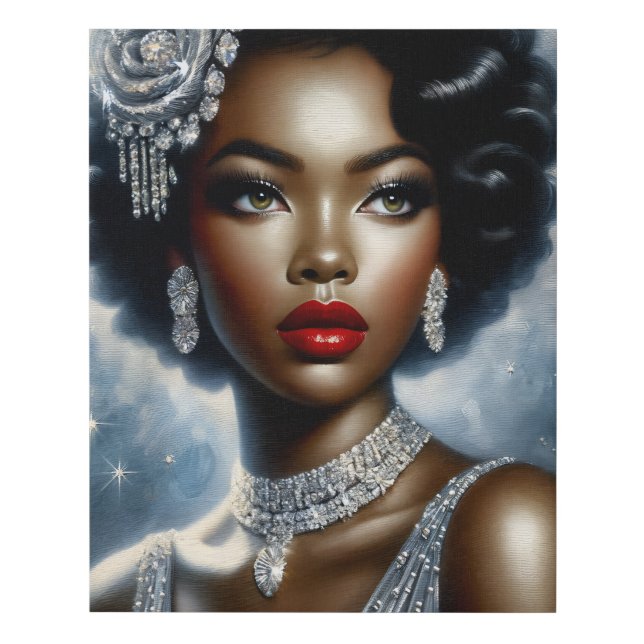 Glamorous Black Woman In Silver Faux Canvas Print (Front)