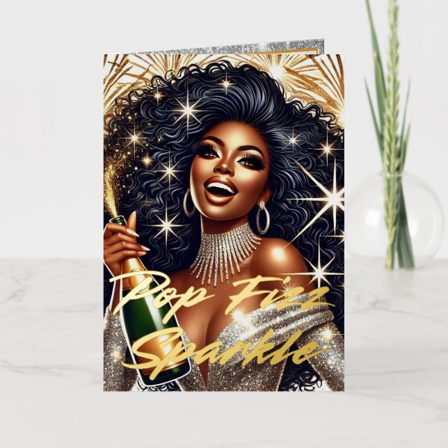 Glamorous Black Woman Popping Champagne Birthday  Foil Greeting Card (Front)