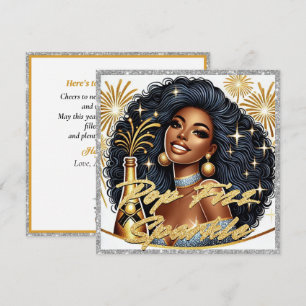Glamorous Black Woman Popping Champagne New Year’s Card