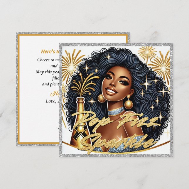 Glamorous Black Woman Popping Champagne New Year’s Card (Front/Back)