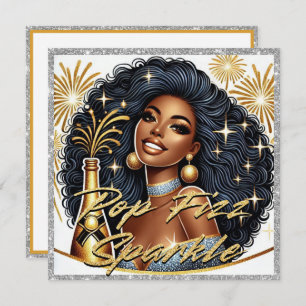 Glamorous Black Woman Popping Champagne New Year’s Card