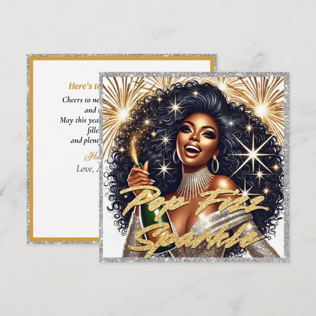Glamorous Black Woman Popping Champagne New Year’s Card (Front/Back)