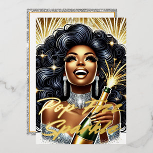 Glamorous Black Woman Popping Champagne New Year’s Foil Holiday Card