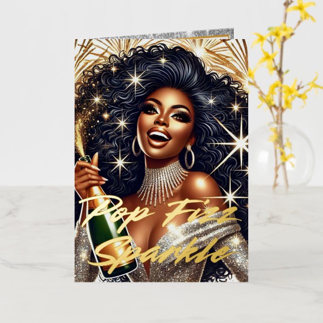 Glamorous Black Woman Popping Champagne NYE Foil Greeting Card (Yellow Flower)