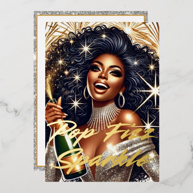 Glamorous Black Woman Popping Champagne NYE Party Foil Invitation (Front/Back)