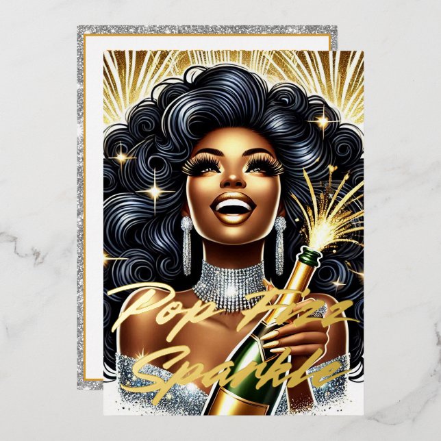 Glamorous Black Woman Popping Champagne NYE Party Foil Invitation (Front/Back)