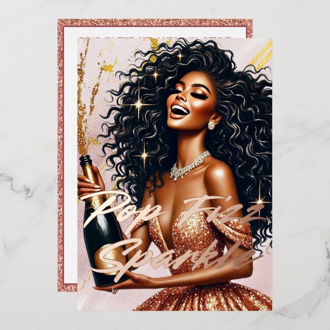 Glamorous Black Woman Popping Champagne NYE Party Foil Invitation (Front/Back)
