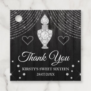 Glamorous Black Wood & Pefume Bottle Sweet 16 Favor Tags