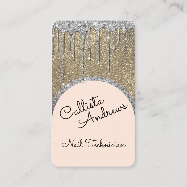 Glamorous Bling Champagne Glitter Drip Nail Tech Business Card (Front)