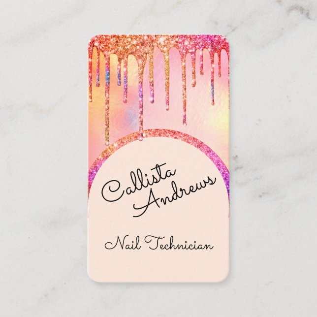 Glamorous Bling Iridescent Glitter Drips Nail Tech Business Card (Front)