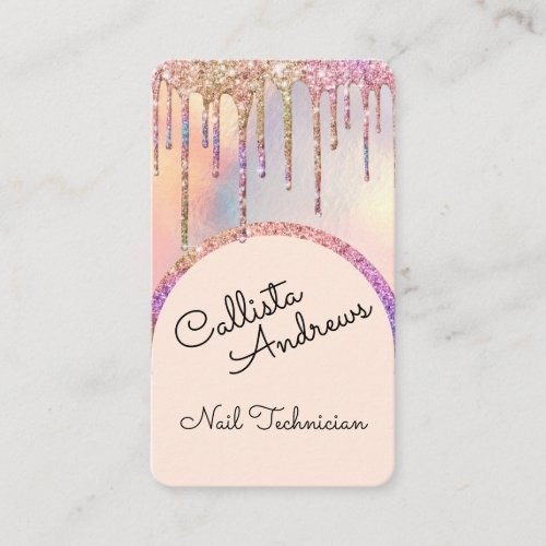 Glamorous Bling Iridescent Glitter Drips Nail Tech Business Card