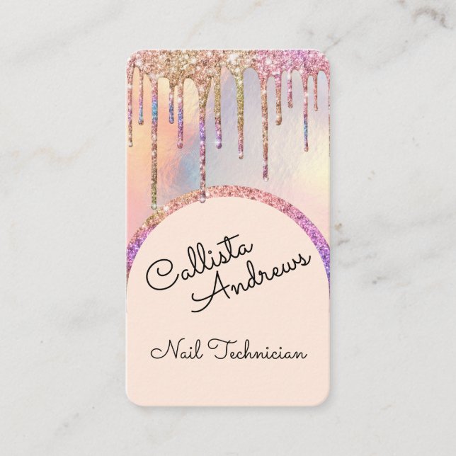 Glamorous Bling Iridescent Glitter Drips Nail Tech Business Card (Front)
