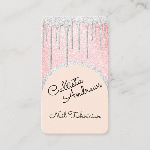 Glamorous Bling Pink White Glitter Drips Nail Tech Business Card