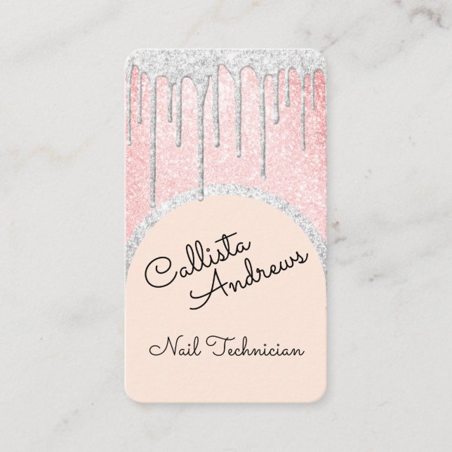 Glamorous Bling Pink White Glitter Drips Nail Tech Business Card (Front)