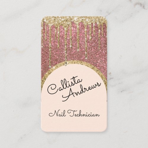 Glamorous Bling Rose Gold Glitter Drip Nail Tech Business Card