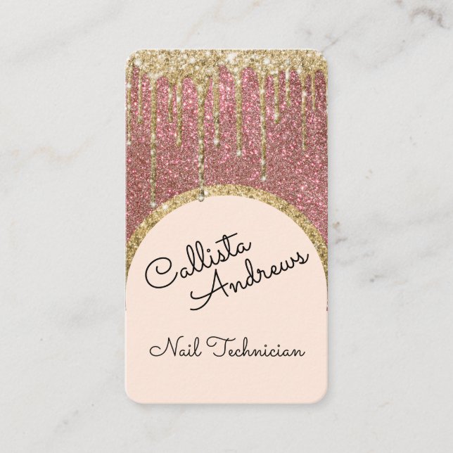 Glamorous Bling Rose Gold Glitter Drip Nail Tech Business Card (Front)