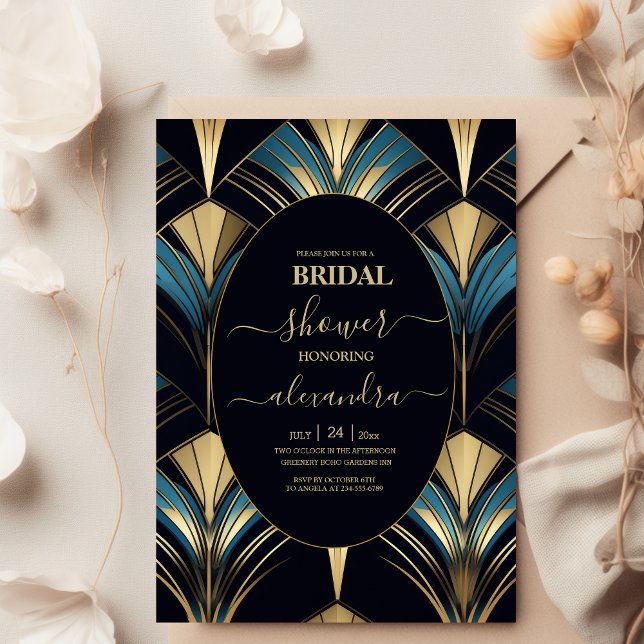 Glamorous Blue and Gold Art Deco Bridal Invitation (Creator Uploaded)