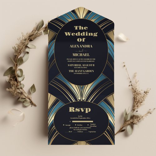 Glamorous Blue and Gold Art Deco Wedding  All In One Invitation