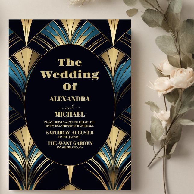 Glamorous Blue and Gold Art Deco Wedding  Invitation (Creator Uploaded)