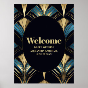 Glamorous Blue and Gold Art Deco Wedding  Poster