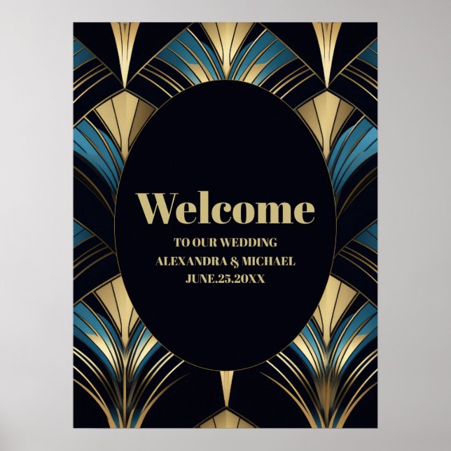 Glamorous Blue and Gold Art Deco Wedding  Poster (Front)