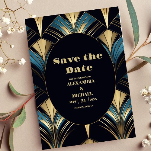 Glamorous Blue and Gold Art Deco Wedding  Save The Date