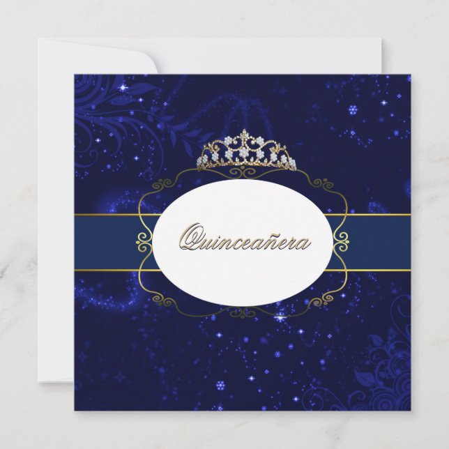 Glamorous Blue and Gold Quinceañera Invitation (Front)