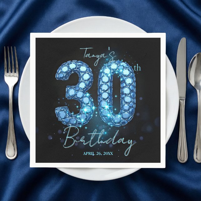 Glamorous Blue & Black Sparkle Jewel 30th Birthday Napkins (Creator Uploaded)