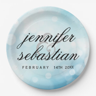 Glamorous Blue Bokeh Light monogram wedding Paper Plates