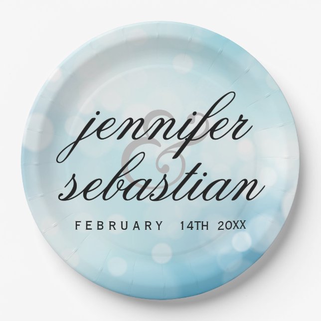 Glamorous Blue Bokeh Light monogram wedding Paper Plates (Front)