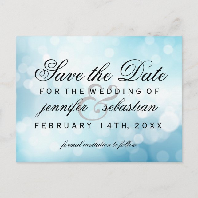 Glamorous Blue Bokeh Light  Wedding Postcard (Front)