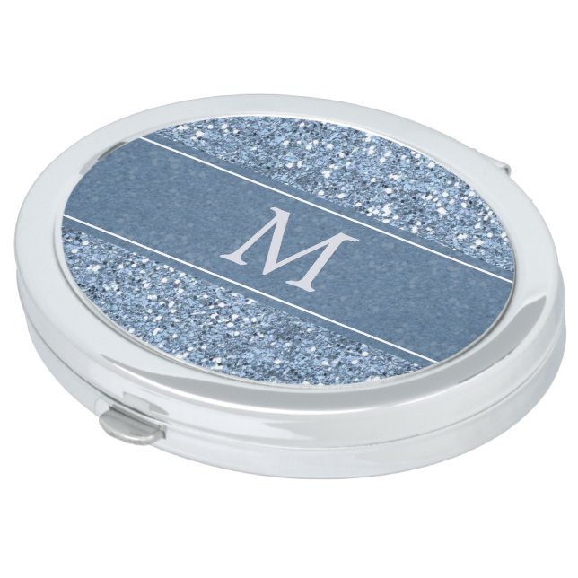 Glamorous Blue Glitter Monogram Makeup Mirror (Turned)