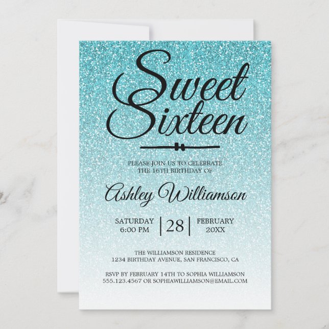 Glamorous Blue Glitter Ombre Sweet 16 Birthday Invitation (Front)