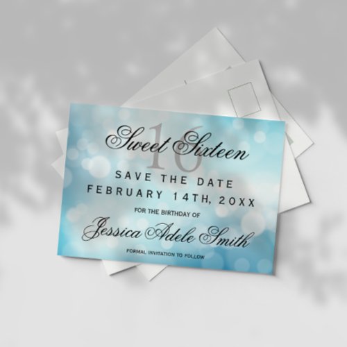 Glamorous Blue Glitter  Sweet 16 save the date Postcard