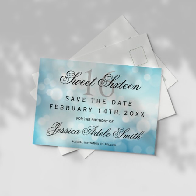 Glamorous Blue Glitter  Sweet 16 save the date Postcard (Creator Uploaded)