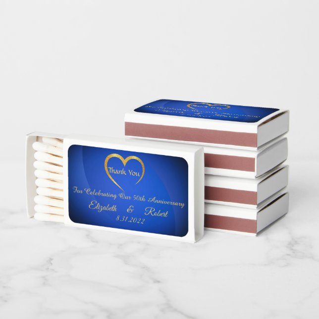 Glamorous Blue & Gold 50th Anniversary Party Favor Matchboxes (Stacked)