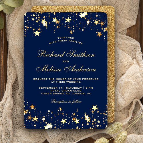 Glamorous Blue Gold Faux Glitter Stars Wedding Invitation