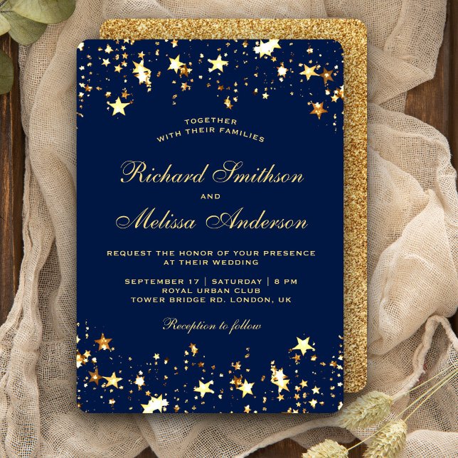 Glamorous Blue Gold Faux Glitter Stars Wedding Invitation (Creator Uploaded)