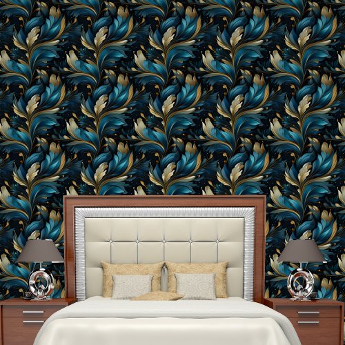 Glamorous Blue Gold Leaves Pattern Wallpaper