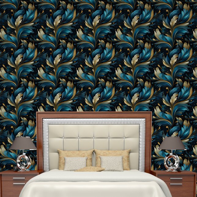 Glamorous Blue Gold Leaves Pattern Wallpaper (Creator Uploaded)