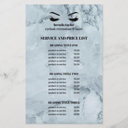 Glamorous blue marble EYELASH SALON SERVICE LIST Flyer