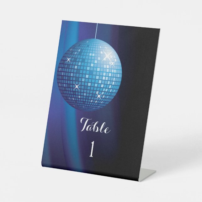 Glamorous Blue Party Disco Ball Table Number Pedestal Sign (Front)