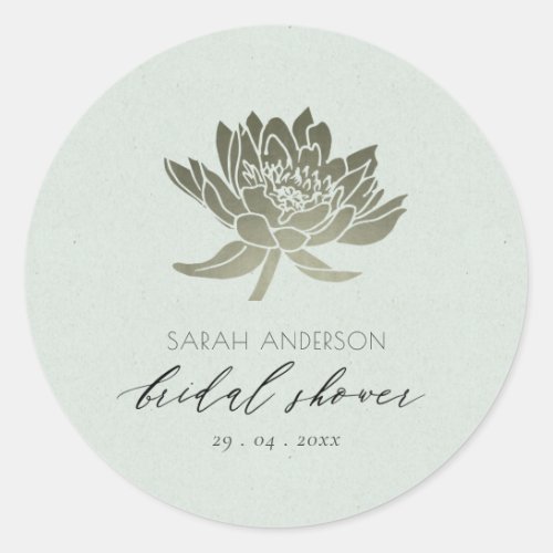GLAMOROUS BLUE SILVER LOTUS FLORAL BRIDAL SHOWER CLASSIC ROUND STICKER
