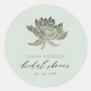 GLAMOROUS BLUE SILVER LOTUS FLORAL BRIDAL SHOWER CLASSIC ROUND STICKER