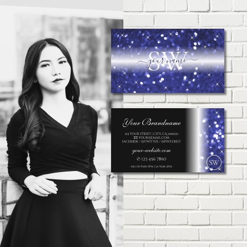 Glamorous Blue Sparkling Glitter Stars Initials Business Card