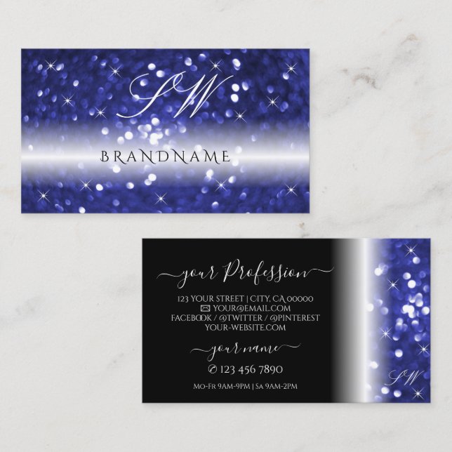 Glamorous Blue Sparkling Glitter Stars Monogram Business Card (Front/Back)