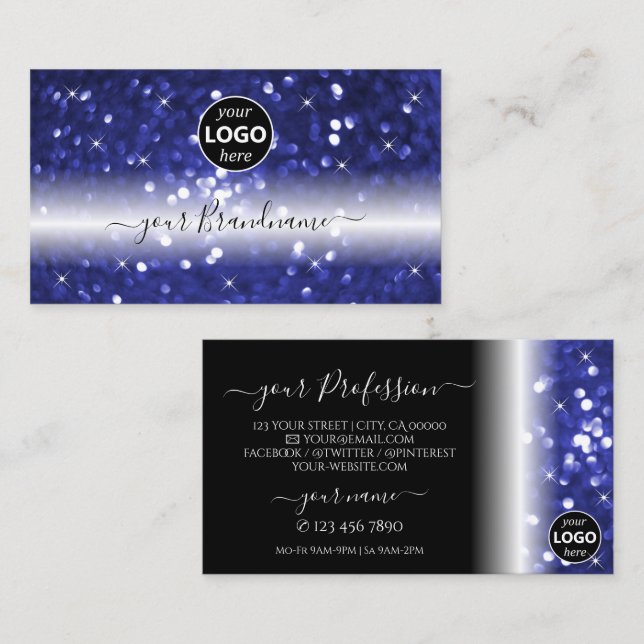 Glamorous Blue Sparkling Glitter Stars with Logo Business Card (Front/Back)