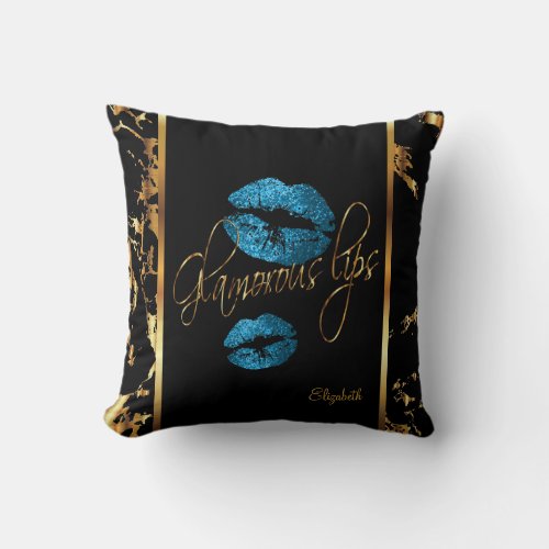Glamorous Blue Turquoise Glitter Lips Throw Pillow
