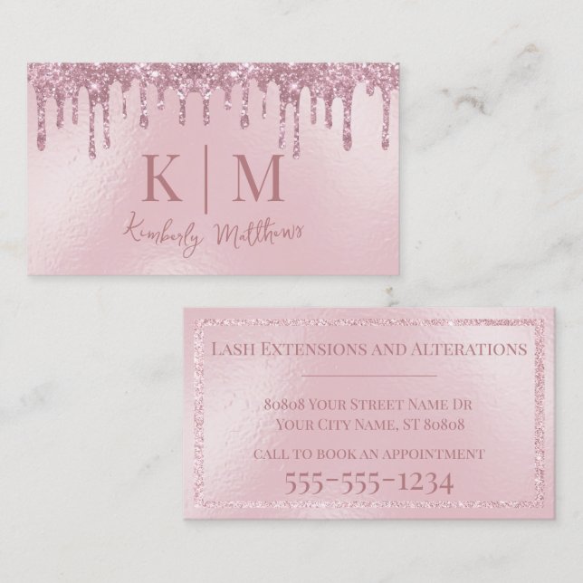 Glamorous Blush Pink Glitter Monogram Initials Business Card (Front/Back)