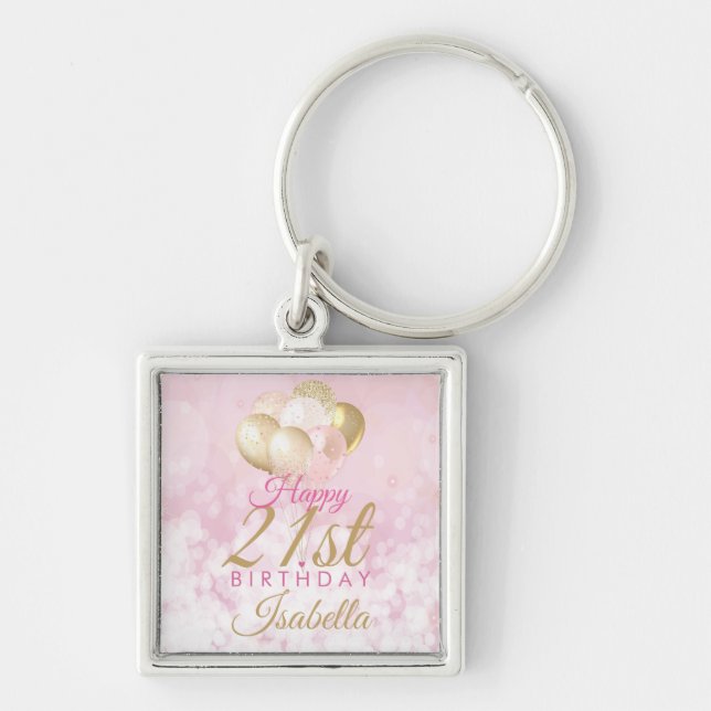 Glamorous Blush Pink Gold 21st Birthday Balloon Keychain (Front)